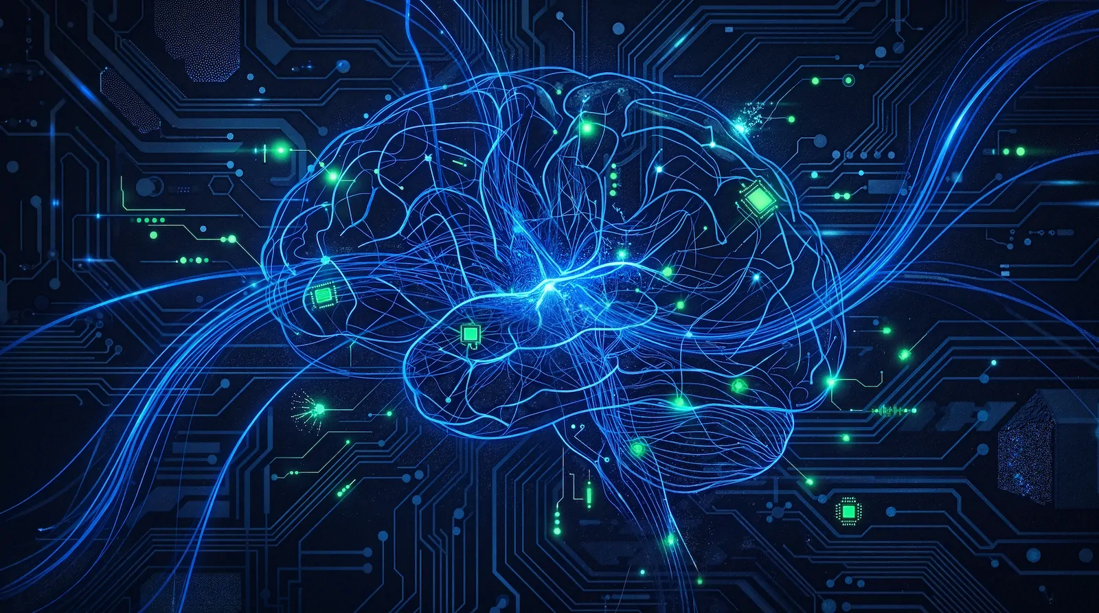 Abstract digital illustration of a glowing human brain formed by interwoven electric blue neural network lines over a circuit board pattern, with neon green accents on a dark background.