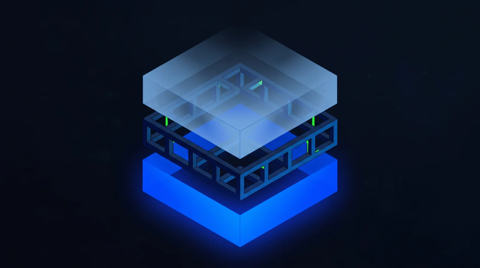 Abstract isometric illustration of a three-layer geometric structure floating in dark space. Bottom layer glows solid electric blue, middle layer is an open lattice framework with neon green accents, top layer is translucent frosted glass. Minimal, architectural, dark navy background.