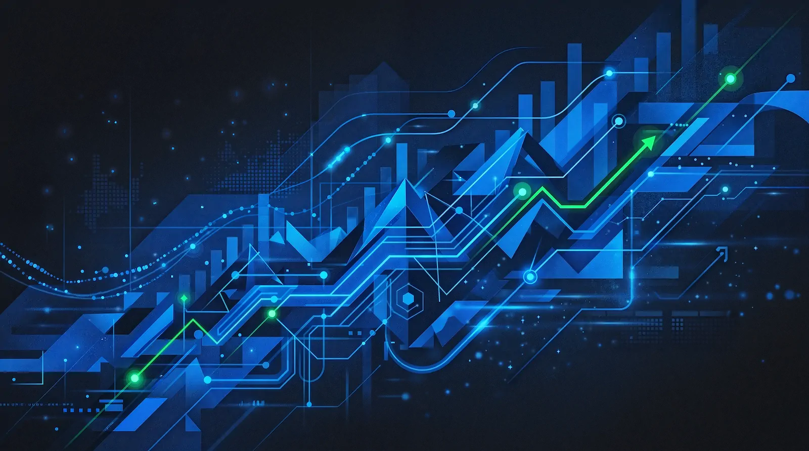 Abstract digital composition of glowing blue charts and geometric shapes with a bright green upward-trending line and arrow at its center on a dark background.