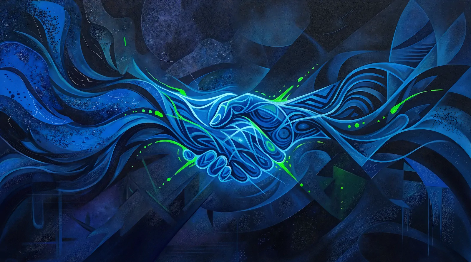 Expressive digital painting of a handshake in sweeping blue brushstrokes, highlighted in luminous neon green with scattered splatters on a dark textured background.