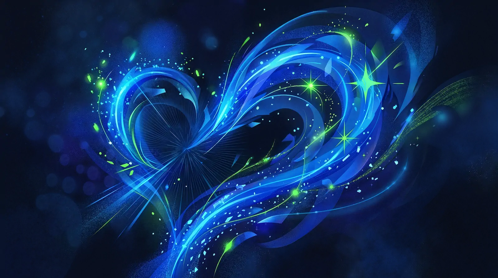 Abstract heart shape of luminous swirling blue ribbons and streaks of light with sparkling particles, accented in glowing lime green on a deep navy background.
