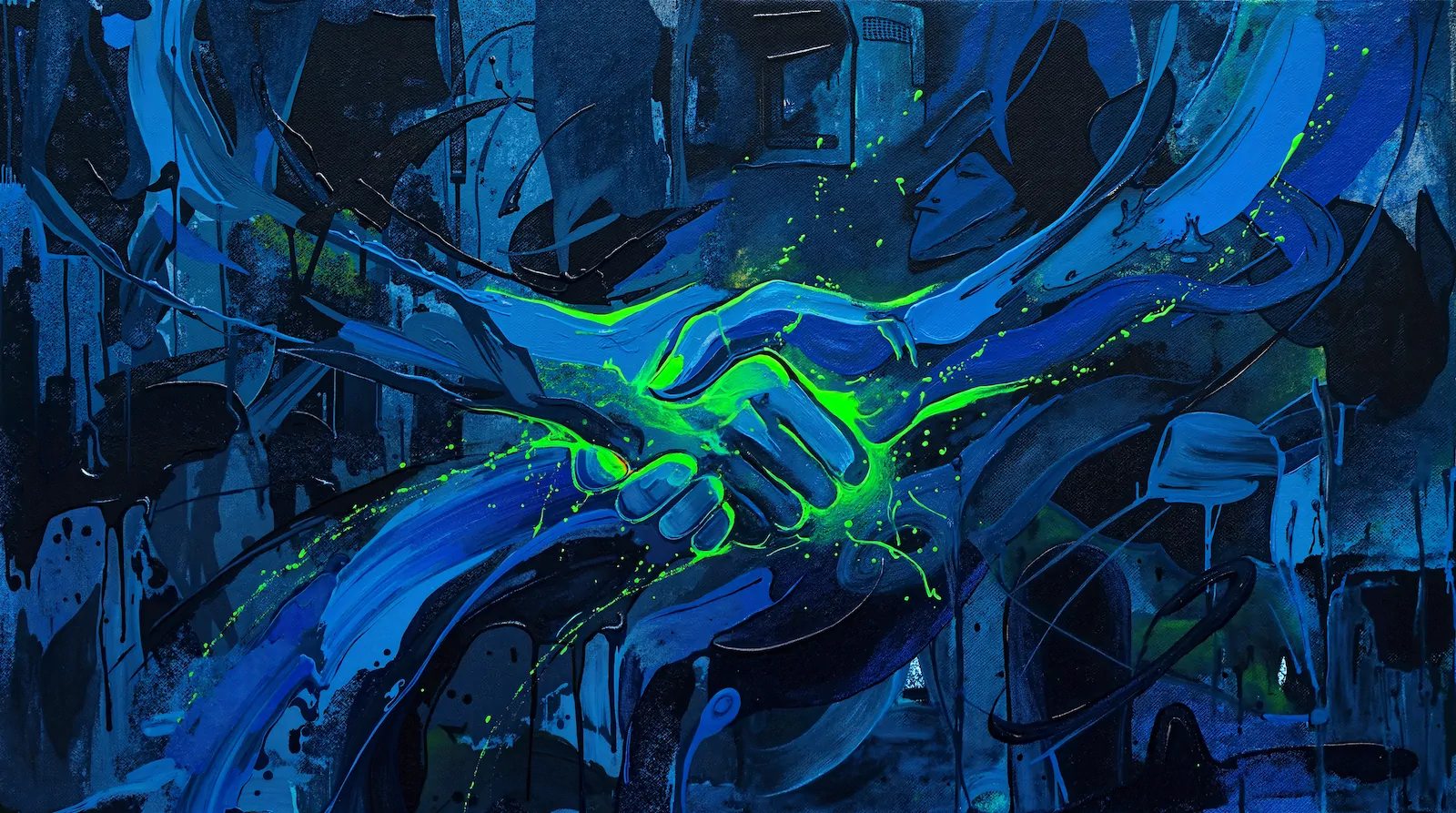 Expressive digital painting of a handshake in sweeping blue brushstrokes, highlighted in luminous neon green with scattered splatters on a dark textured background.