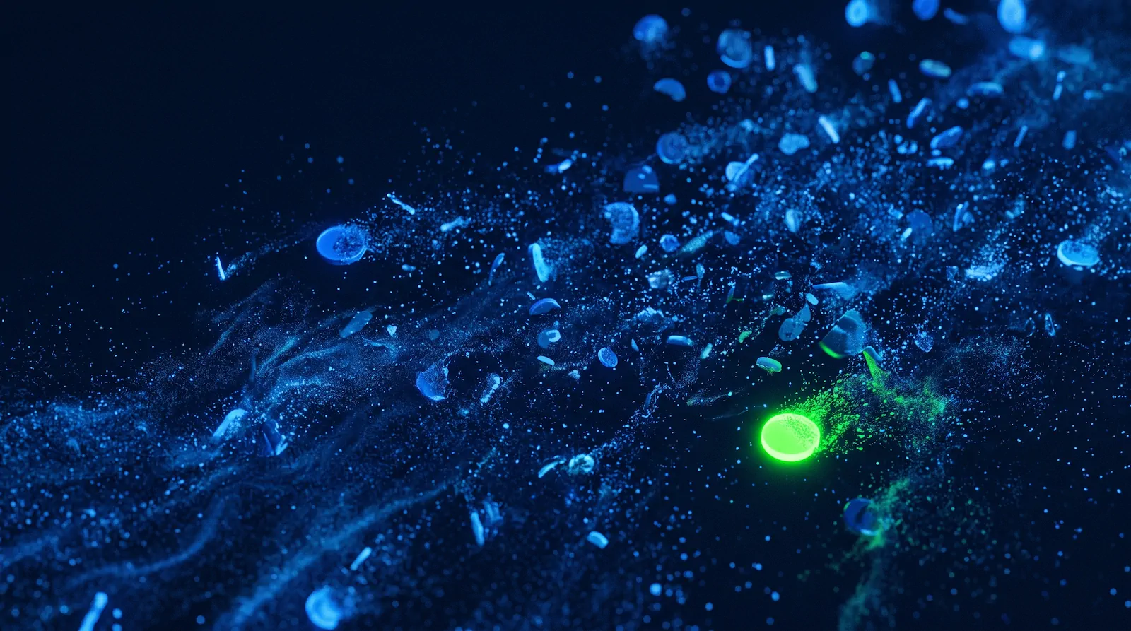 Abstract digital artwork of countless small glowing blue particles and objects swirling across a dark background, with a bright neon green oval token emitting a cloud of green particles in the lower right.