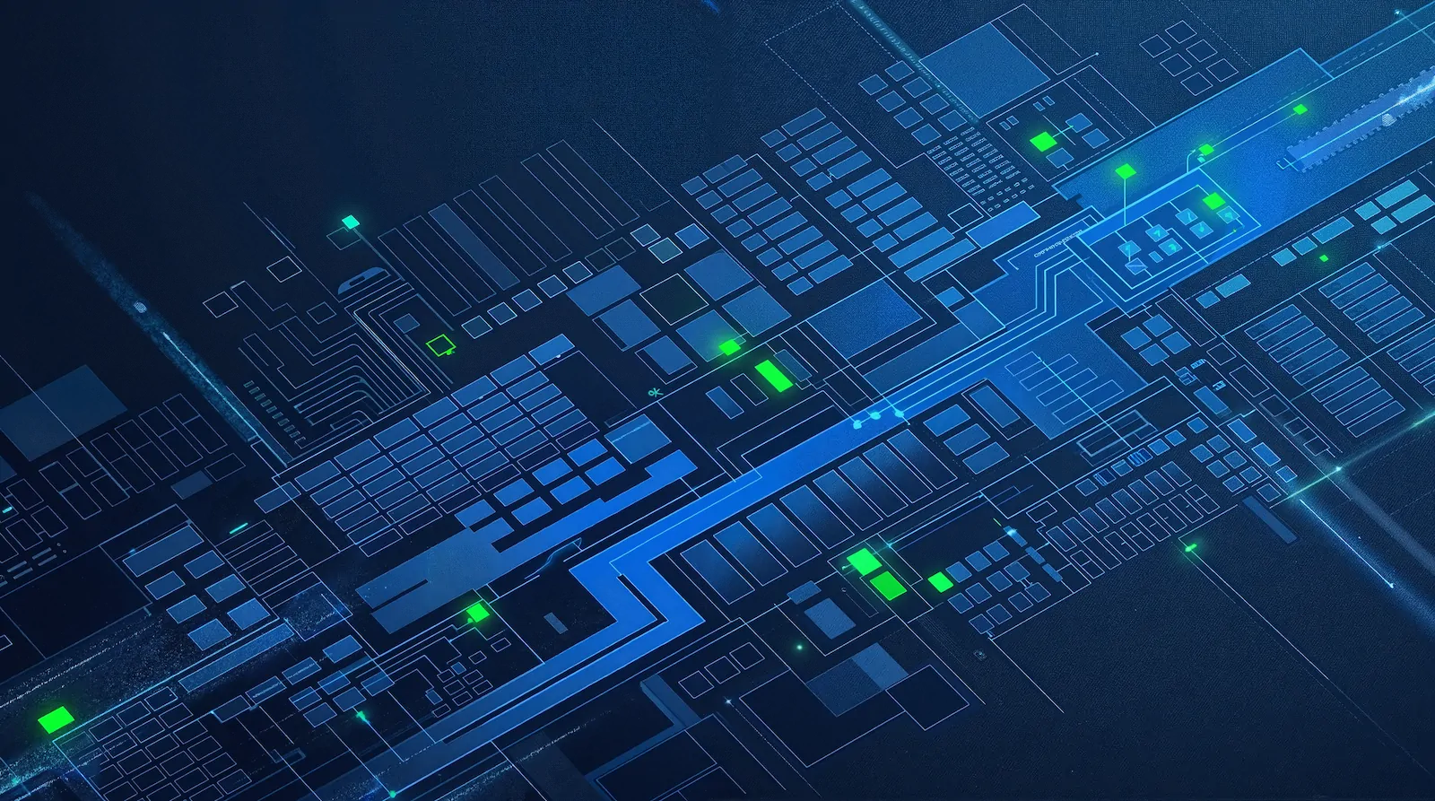 Abstract geometric representation of an electronic circuit schematic with interconnected blue lines and neon green components on a deep blue background.