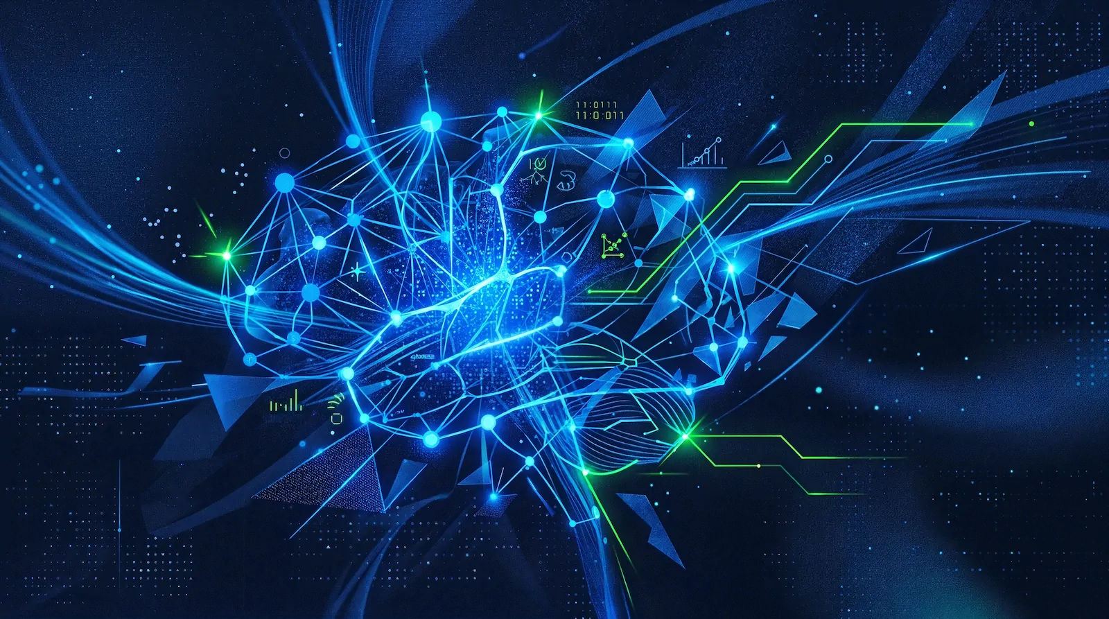 Abstract digital illustration of a glowing network of lines and nodes forming a human brain silhouette, surrounded by geometric shapes and data visualizations in blue and electric green on a dark background.