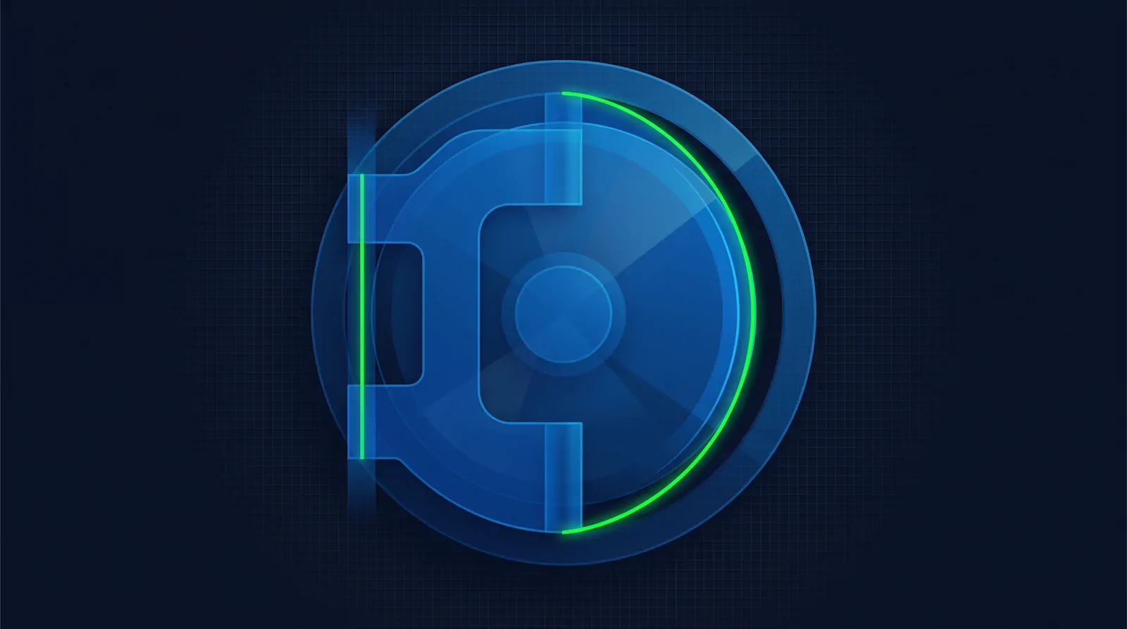Abstract blue emblem of a stylized circular seal with translucent layers and a glowing neon green arc, set against a dark gridded background.