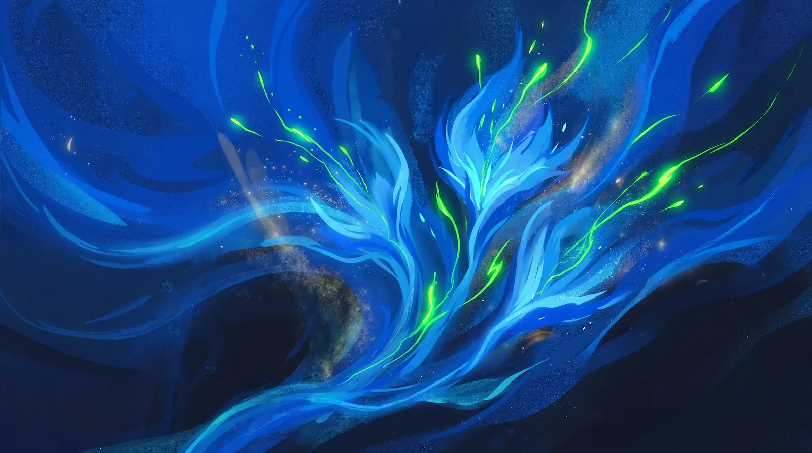Abstract digital painting of two luminous blue forms exchanging bright neon green tendrils against a cosmic night sky with stars and a crescent moon.