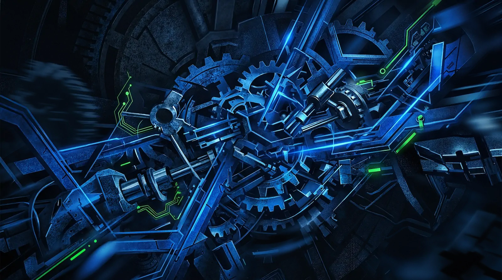 Abstract illustration of interconnected gears and mechanical structures in deep blue, traced with glowing electric blue lines and neon green accents on a dark background.