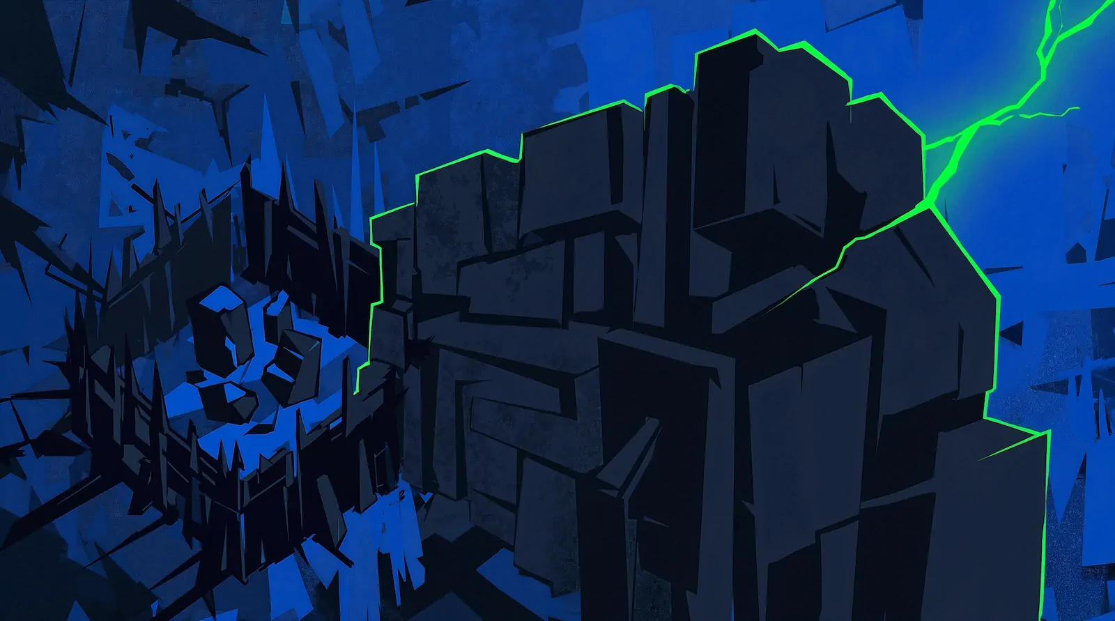 Abstract stylized landscape of dark angular geometric structures, one outlined in glowing electric green, with a bright green lightning bolt on a deep blue background.