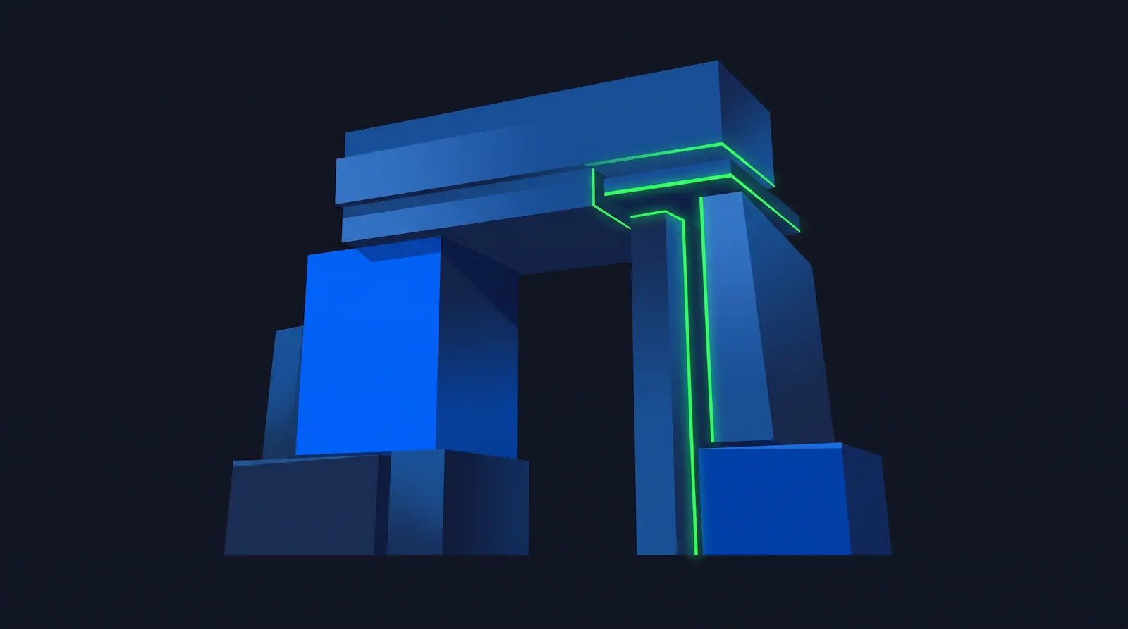 Abstract geometric archway built from blue rectangular blocks accented with bright neon green lines, standing against a solid dark navy background.